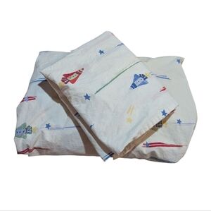 Pottery Barn Kids Twin Fitted Sheet & Sham Rocket Ship Stars Cotton Preppy